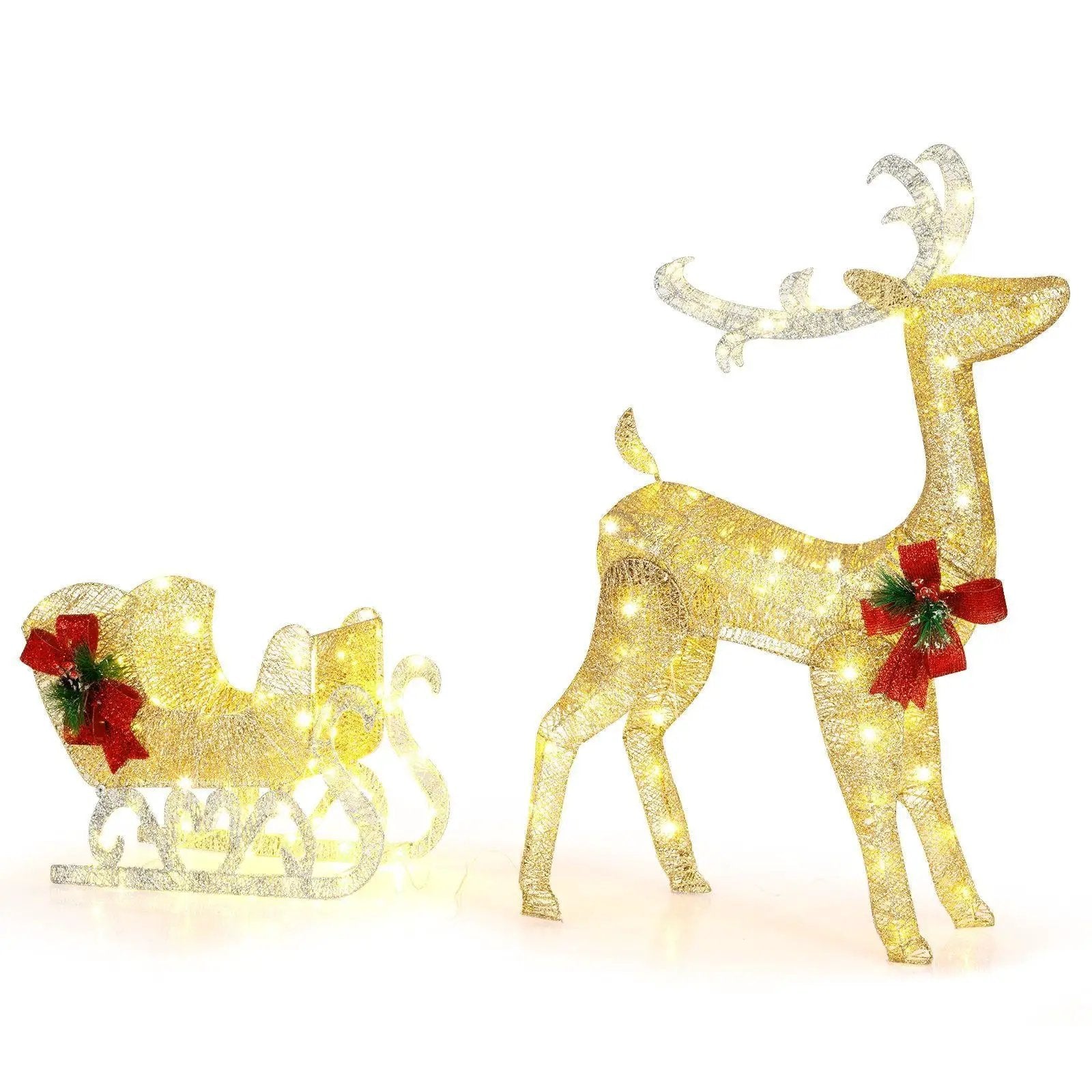 Christmas Reindeer Sleigh Decoration with 100 Lights-Golden by DirectDeals