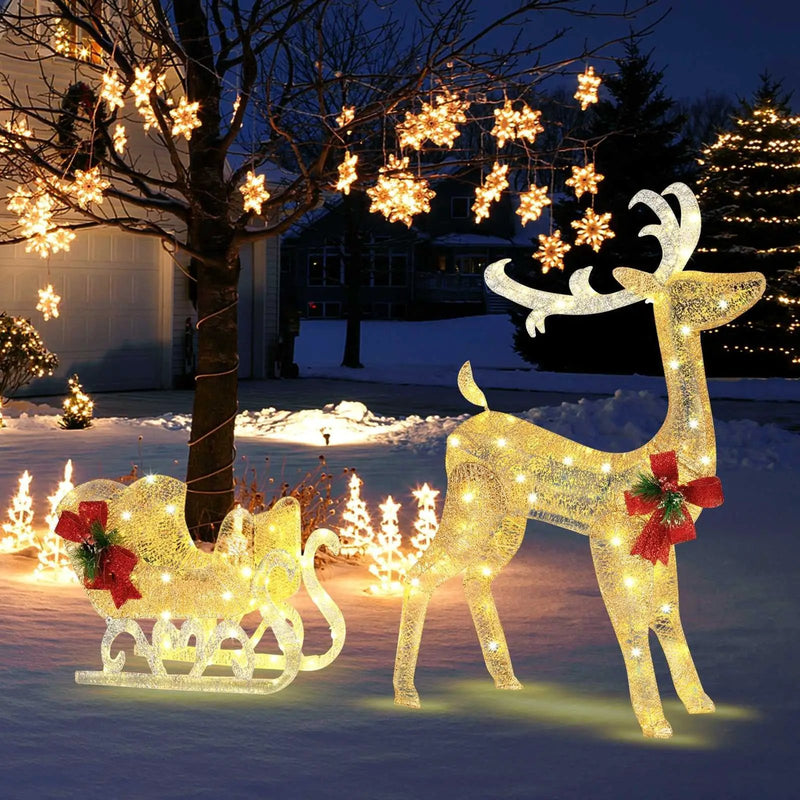 Christmas Reindeer Sleigh Decoration with 100 Lights-Golden by DirectDeals