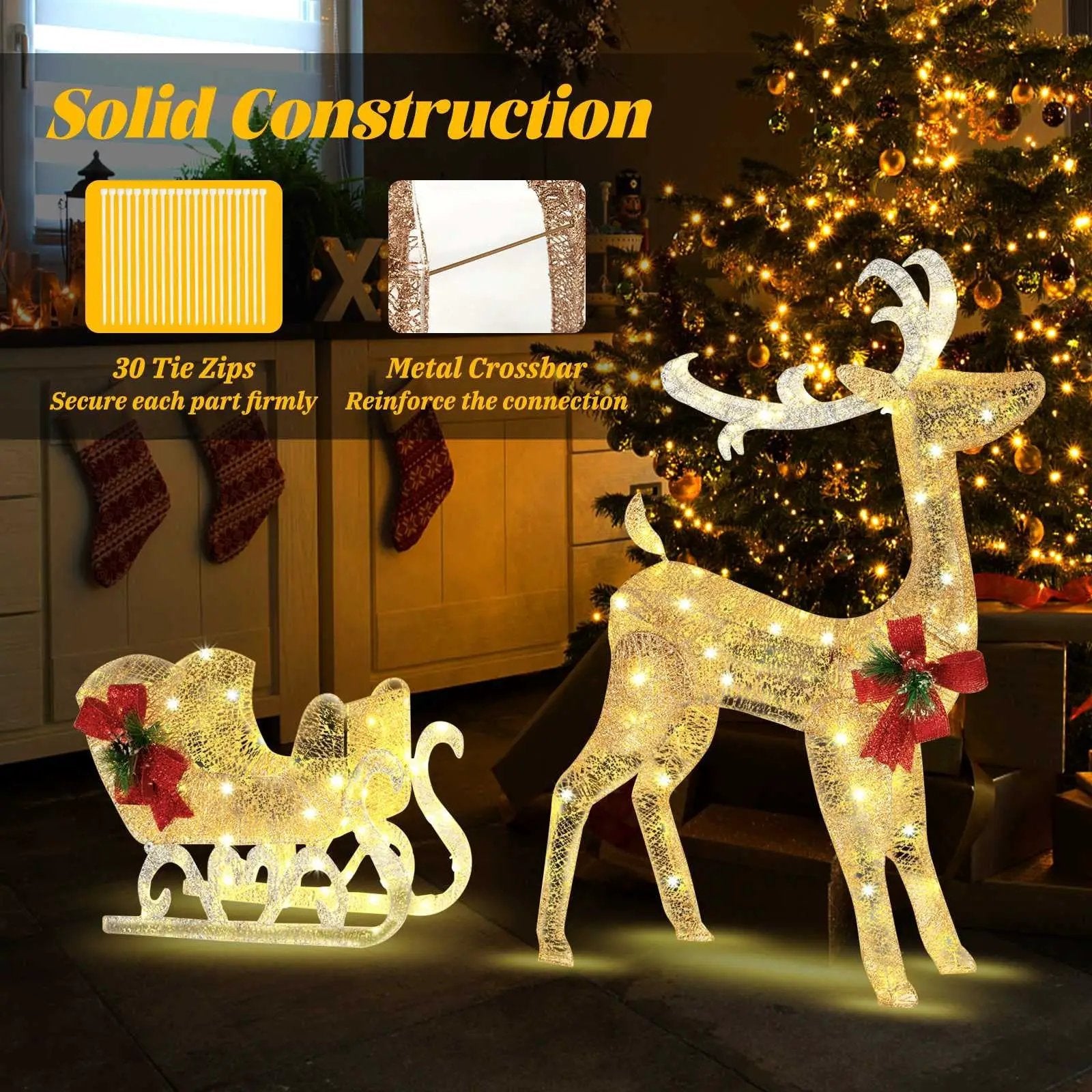 Christmas Reindeer Sleigh Decoration with 100 Lights-Golden by DirectDeals