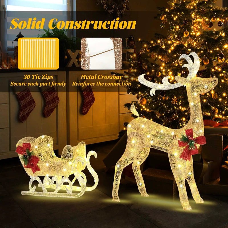 Christmas Reindeer Sleigh Decoration with 100 Lights-Golden by DirectDeals