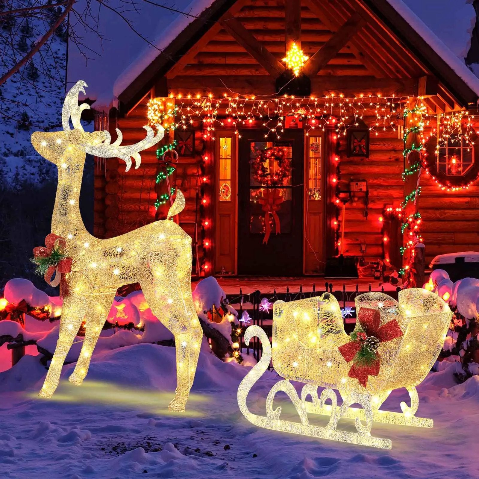 Christmas Reindeer Sleigh Decoration with 100 Lights-Golden by DirectDeals