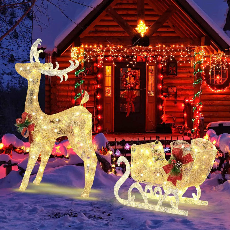 Christmas Reindeer Sleigh Decoration with 100 Lights-Golden by DirectDeals