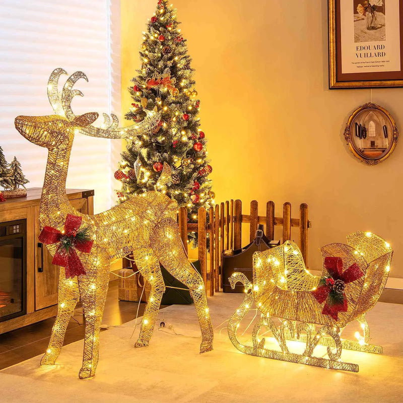 Christmas Reindeer Sleigh Decoration with 100 Lights-Golden by DirectDeals