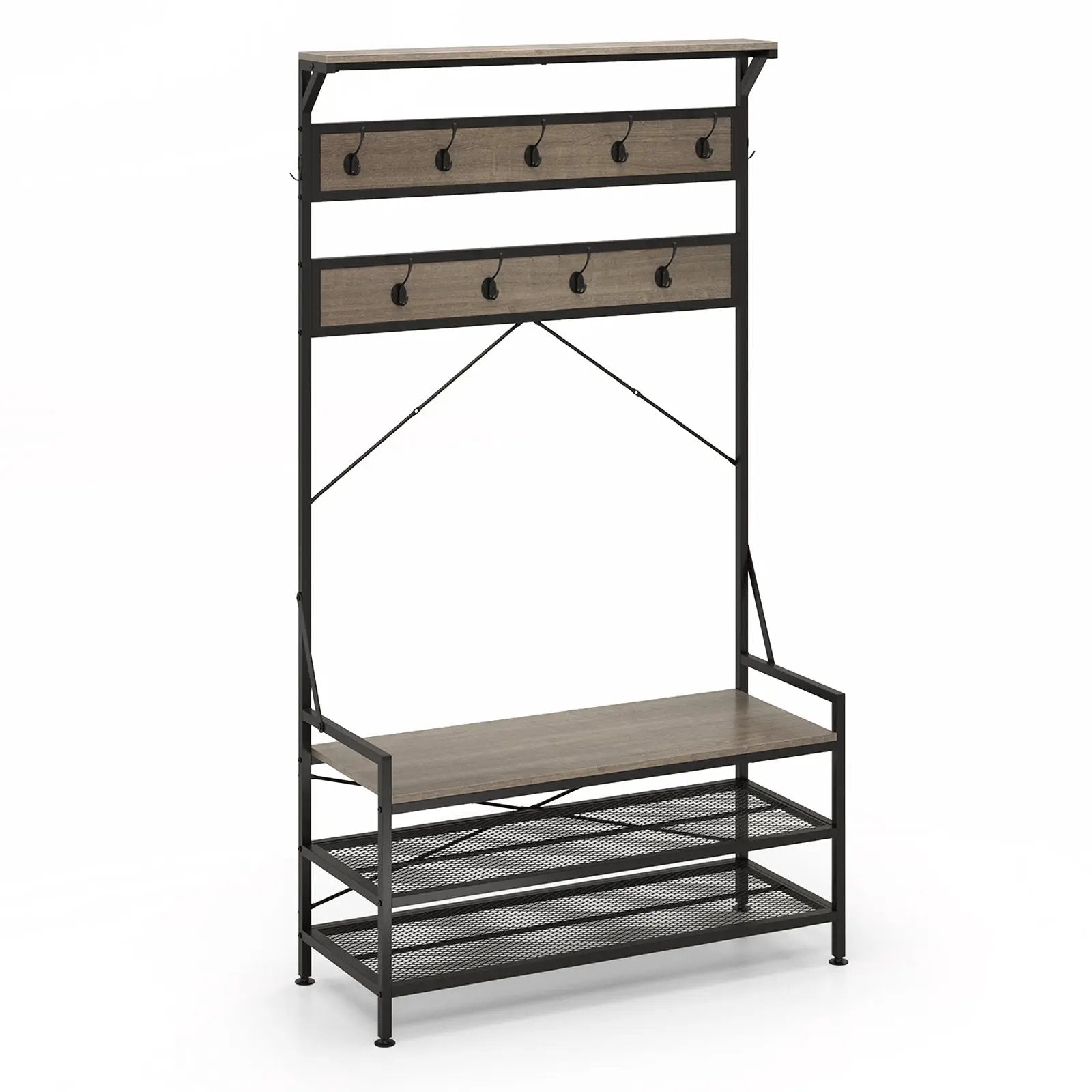 Coat Rack 4-In-1 Hall Tree with 11 Hanging Hooks Shoe Bench by DirectDeals