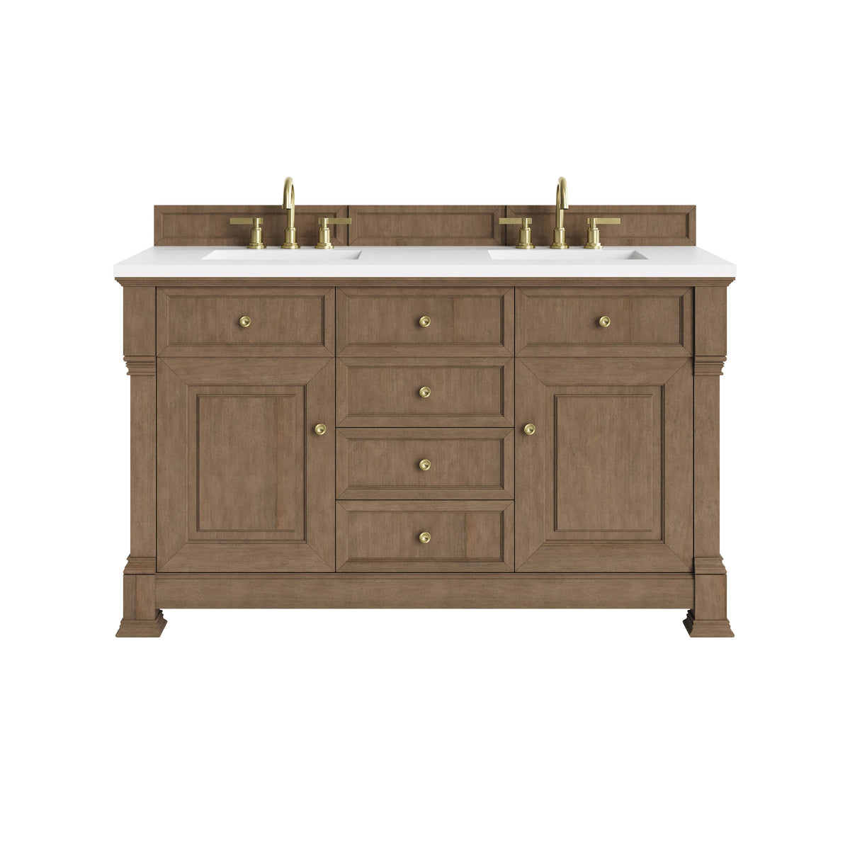 James Martin Brookfield 60" Double Bathroom Vanity, Pecan with White Zeus countertop