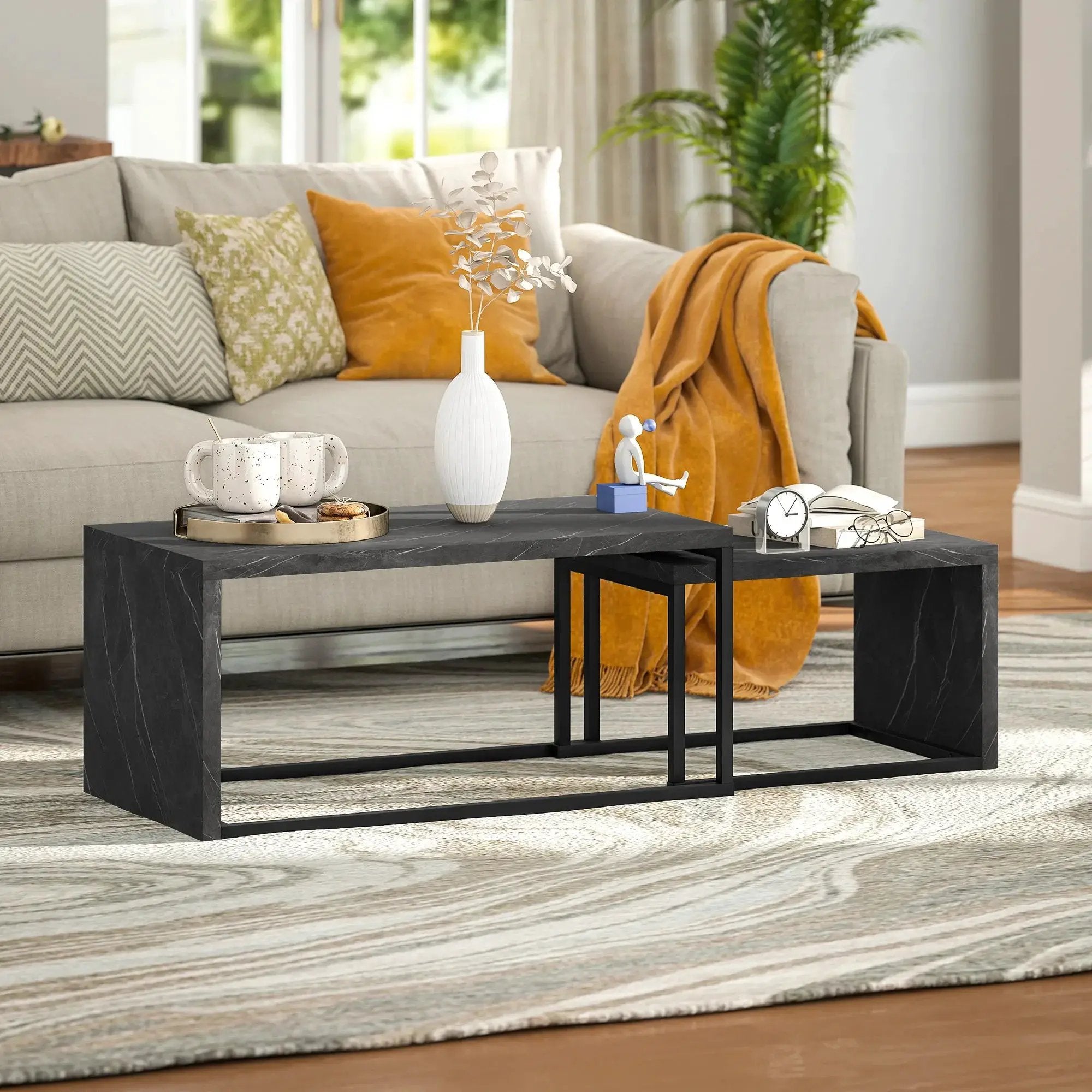 Coffee Tables Nesting Table Set of 2 Side Table w/ Metal Frame for Living Room Bedroom Black & Brown by House Of Avana