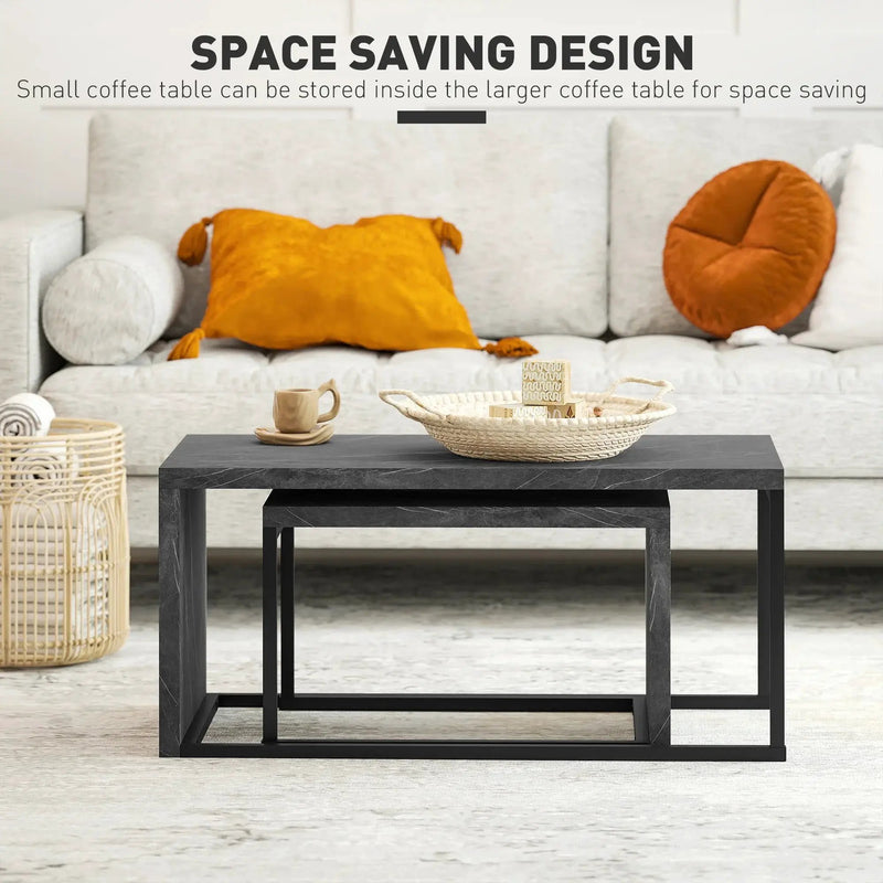 Coffee Tables Nesting Table Set of 2 Side Table w/ Metal Frame for Living Room Bedroom Black & Brown by House Of Avana