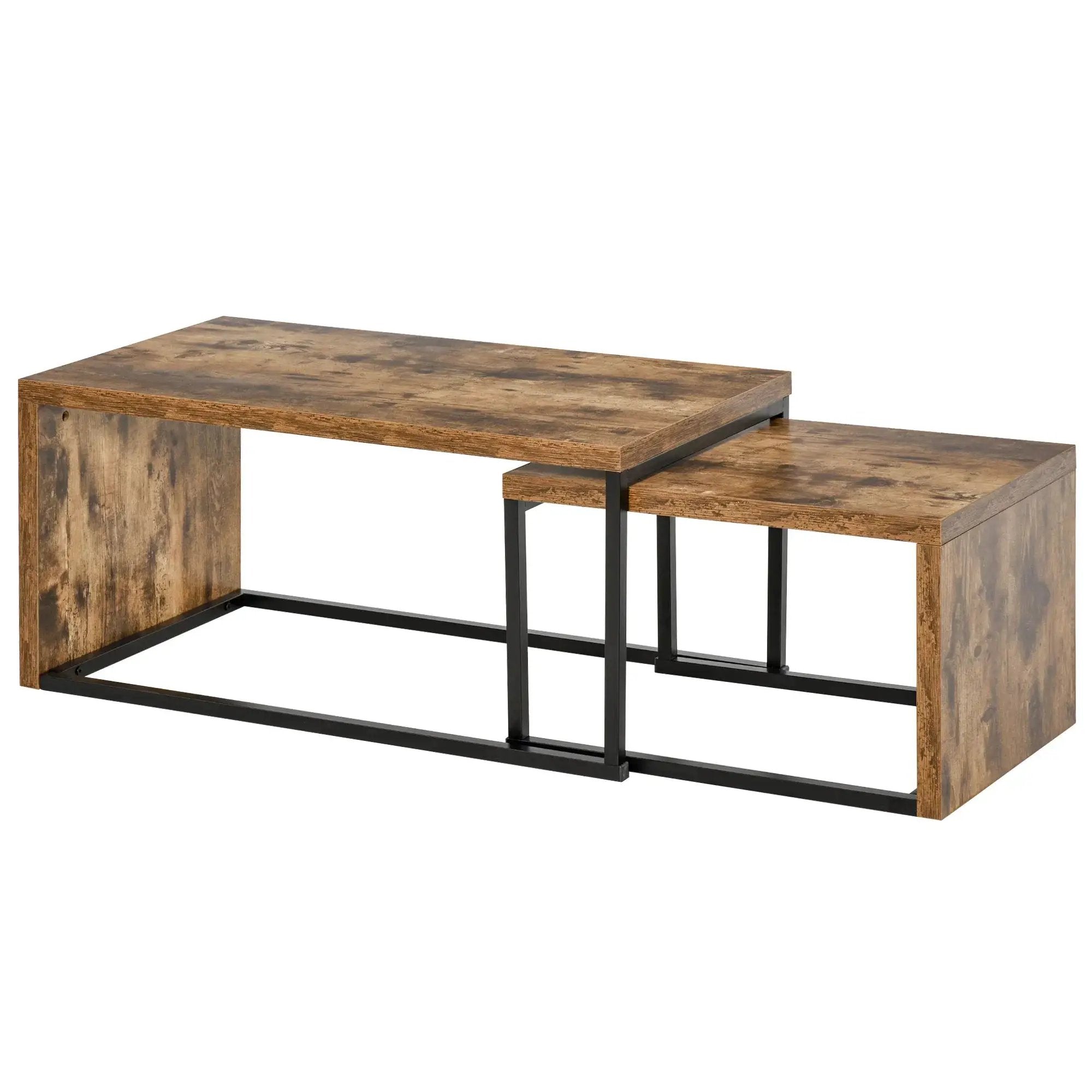Coffee Tables Nesting Table Set of 2 Side Table w/ Metal Frame for Living Room Bedroom Black & Brown by House Of Avana