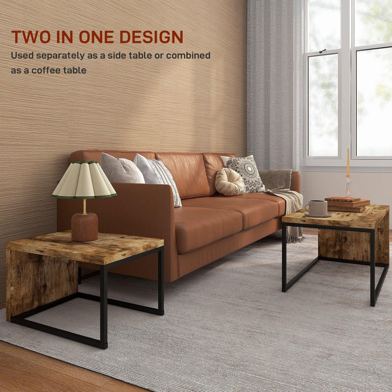 Coffee Tables Nesting Table Set of 2 Side Table w/ Metal Frame for Living Room Bedroom Black & Brown by House Of Avana