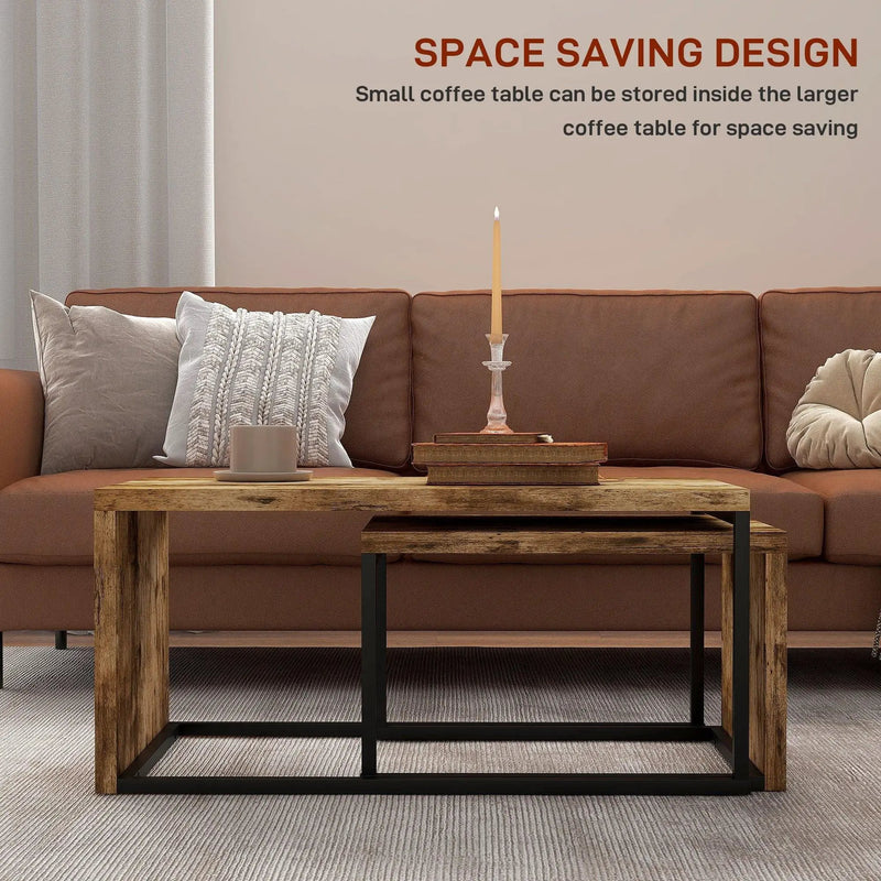 Coffee Tables Nesting Table Set of 2 Side Table w/ Metal Frame for Living Room Bedroom Black & Brown by House Of Avana