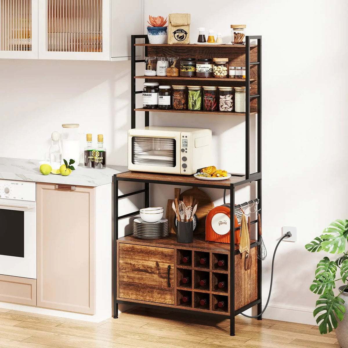 Coffee Bar Cabinet with S-Shaped Hooks and Wine Bottle Holders by DirectDeals