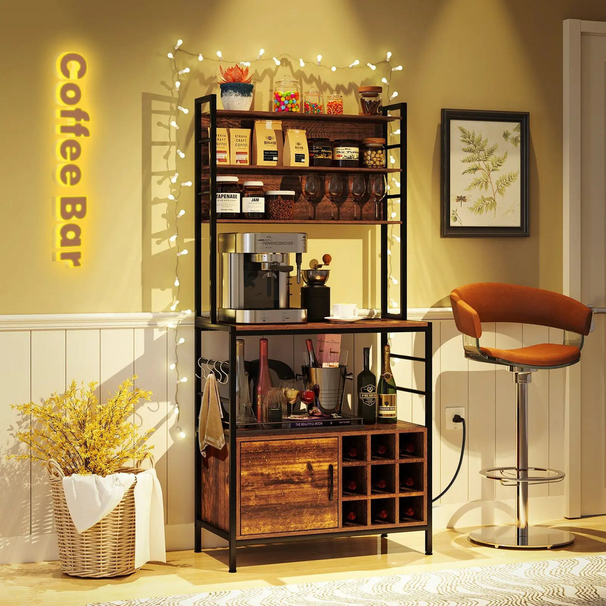 Coffee Bar Cabinet with S-Shaped Hooks and Wine Bottle Holders by DirectDeals