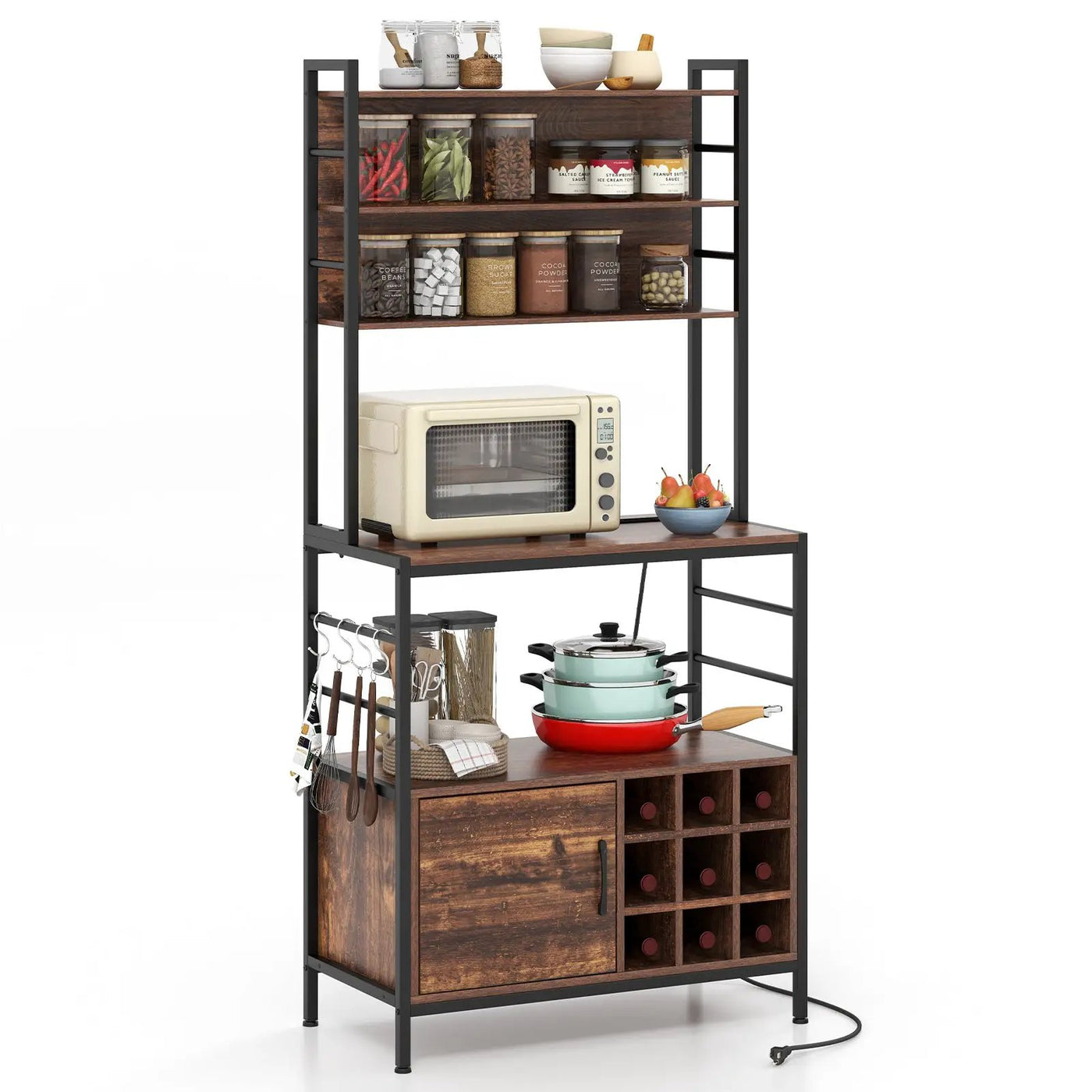 Coffee Bar Cabinet with S-Shaped Hooks and Wine Bottle Holders by DirectDeals