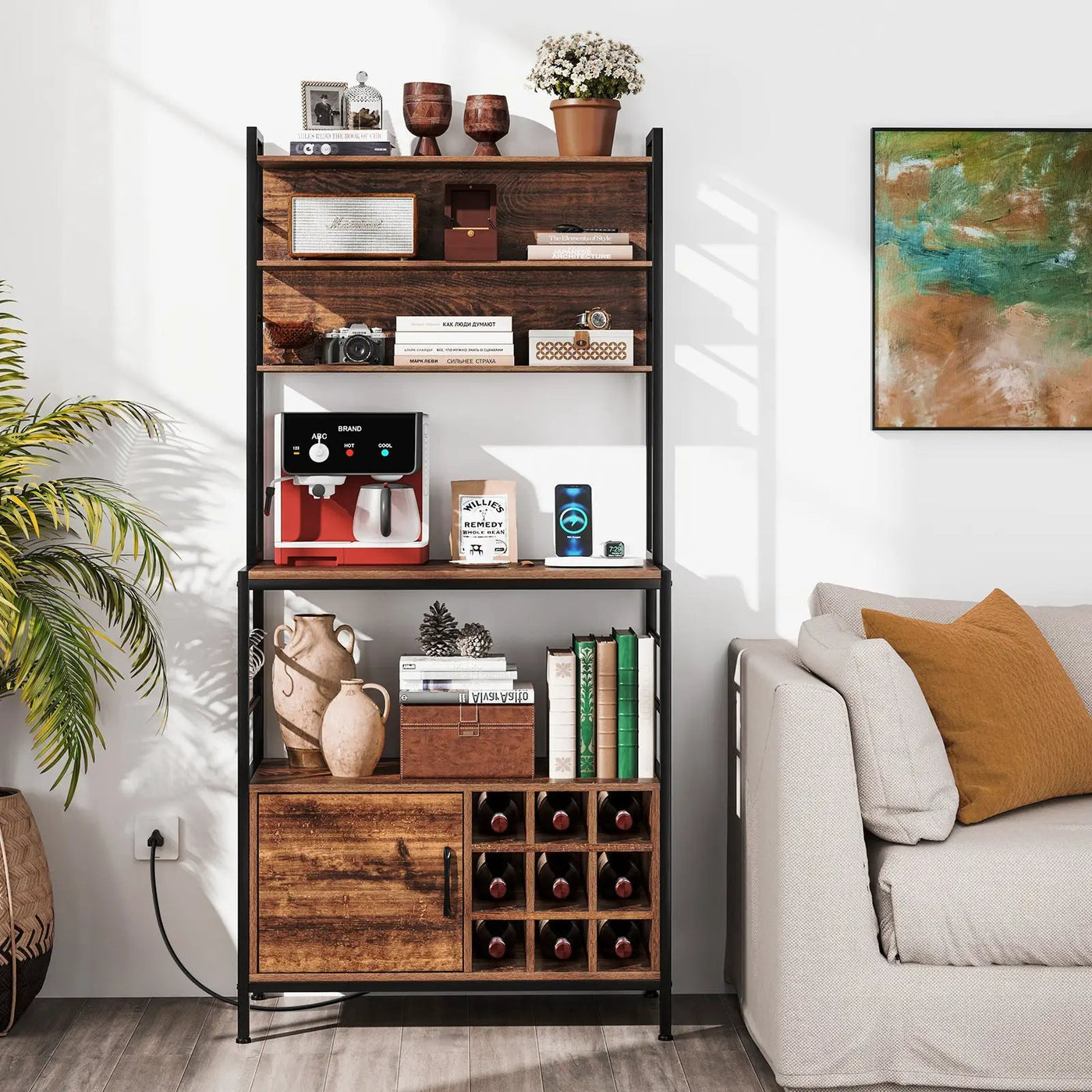 Coffee Bar Cabinet with S-Shaped Hooks and Wine Bottle Holders by DirectDeals