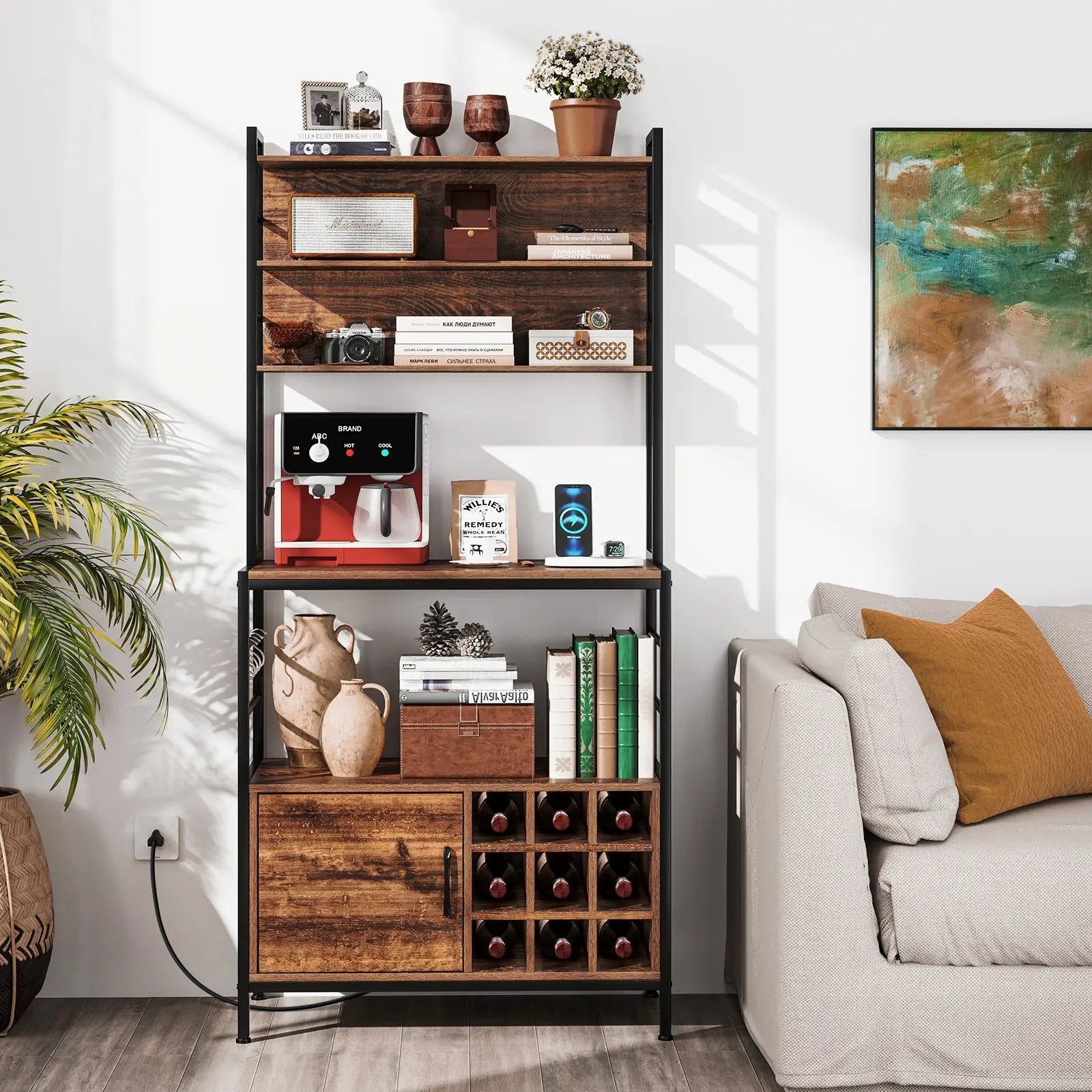 Coffee Bar Cabinet with S-Shaped Hooks and Wine Bottle Holders by DirectDeals
