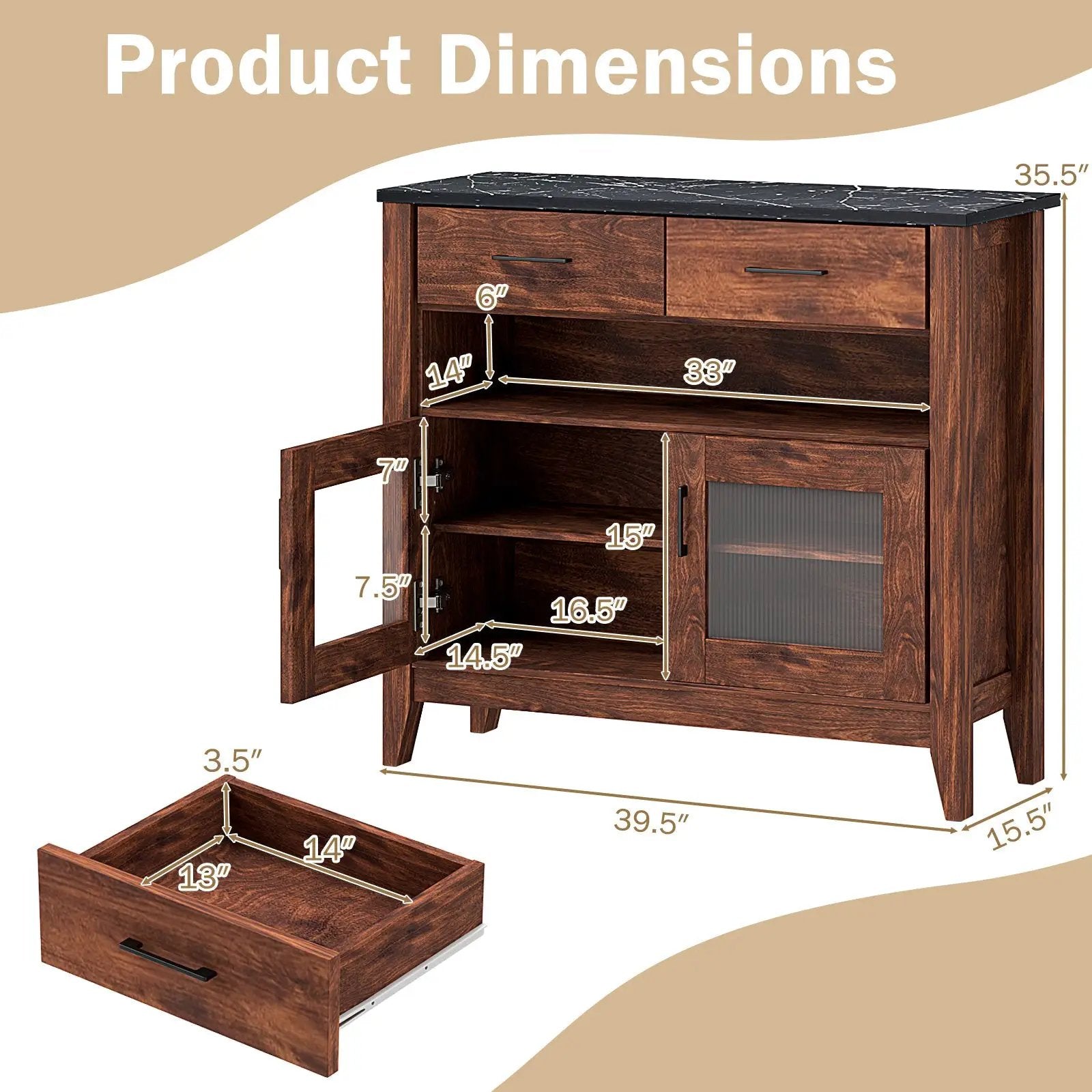 Coffee Bar Cabinet with 2 Drawers and 1 Open Compartment-Brown by DirectDeals
