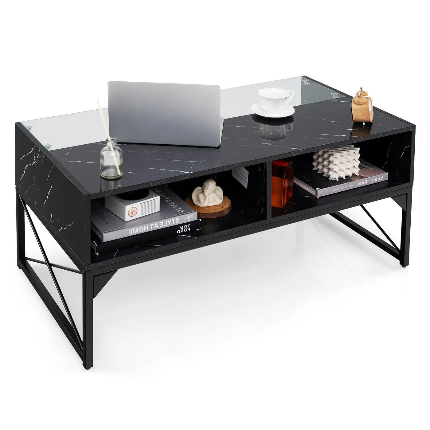 Center Table with Faux Marble and Tempered Glass Top by DirectDeals