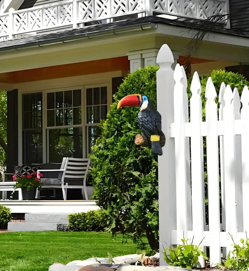 Colorful Ceramic Toucan Garden Statue Tropical Tree Decor by House Of Avana