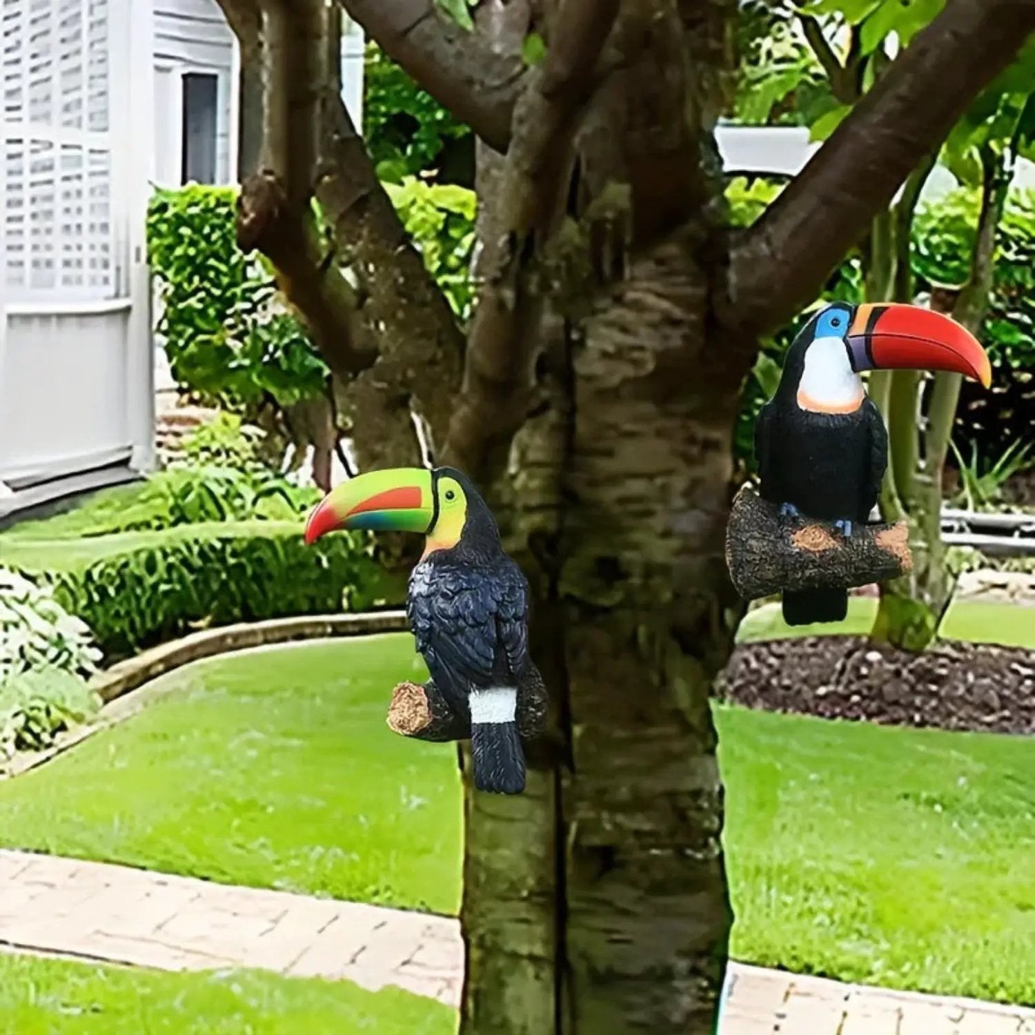 Colorful Ceramic Toucan Garden Statue Tropical Tree Decor by House Of Avana