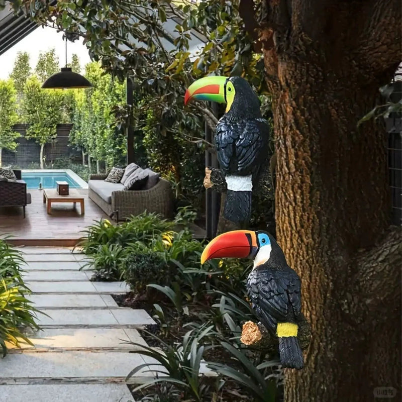 Colorful Ceramic Toucan Garden Statue Tropical Tree Decor by House Of Avana