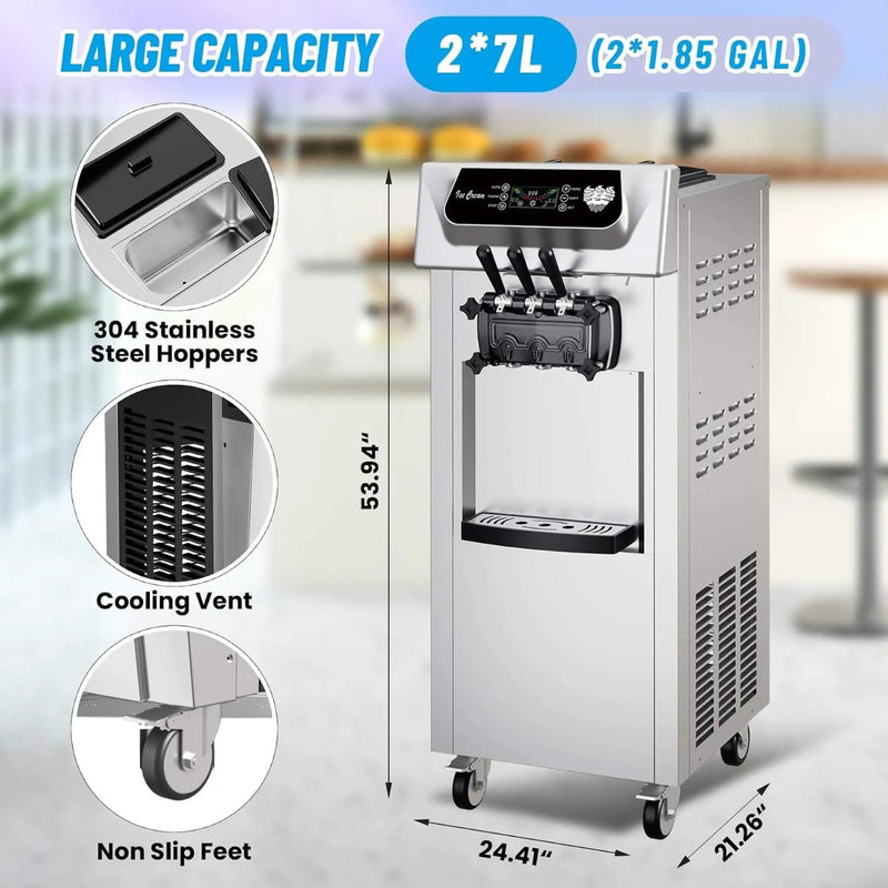 Commercial 2200W 3-Flavor Freestanding Soft Serve Ice Cream Machine With Auto Clean (SAK83517) by SAKSBY WHOLESALE