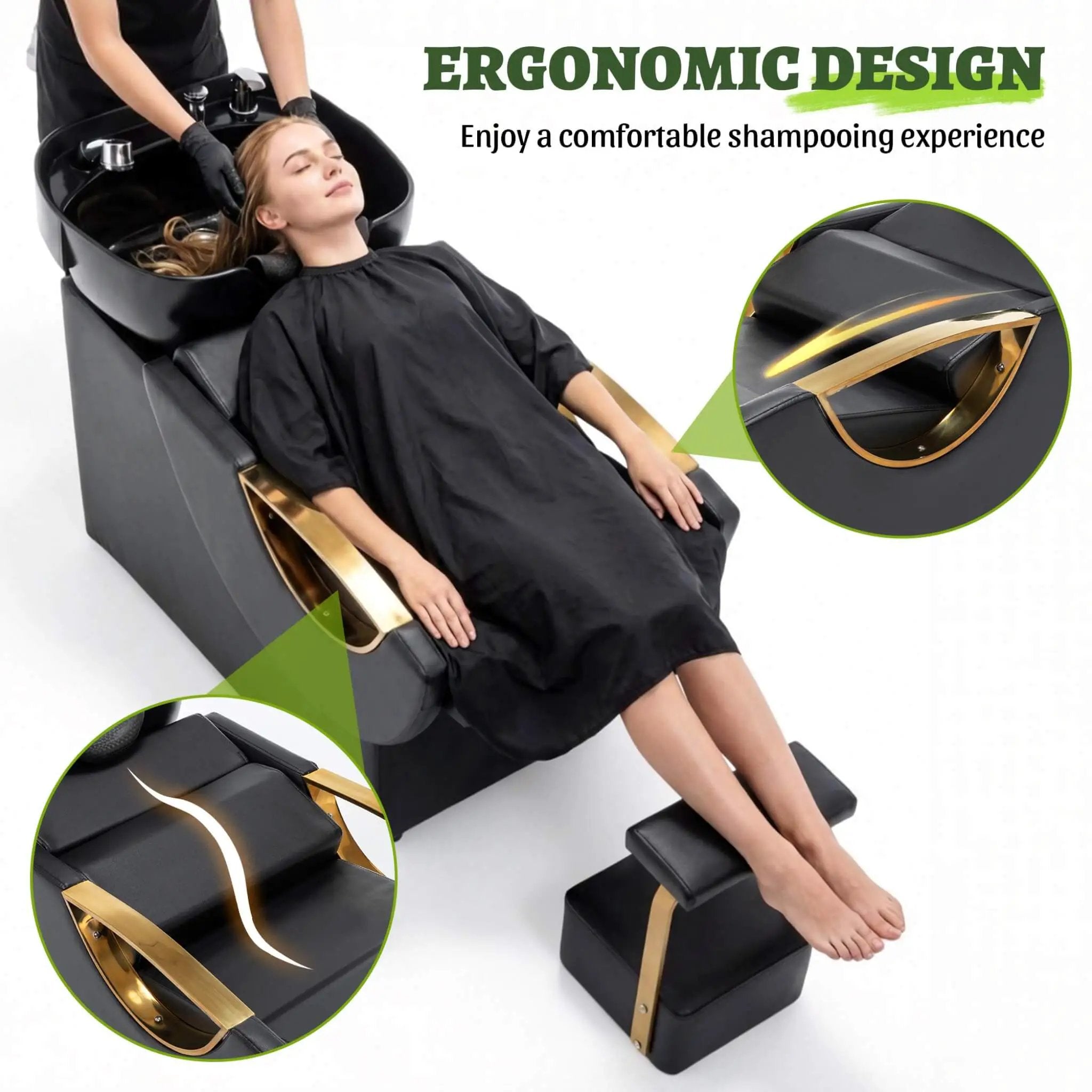 Commercial Black And Gold Shampoo Bowl Chair Set With Footrest (SAK43716) by SAKSBY WHOLESALE