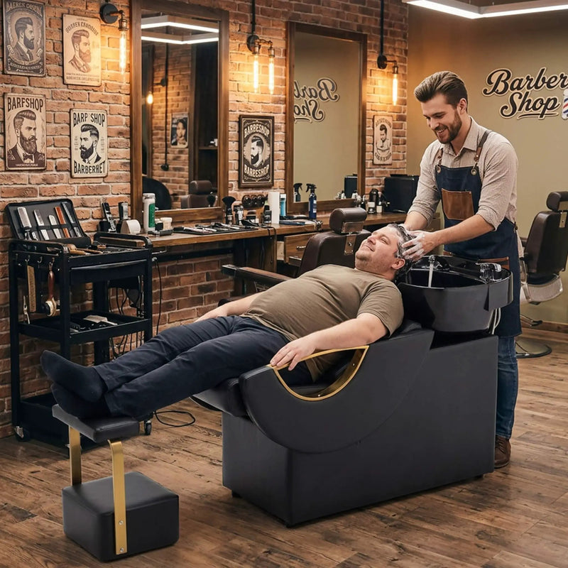 Commercial Black And Gold Shampoo Bowl Chair Set With Footrest (SAK43716) by SAKSBY WHOLESALE