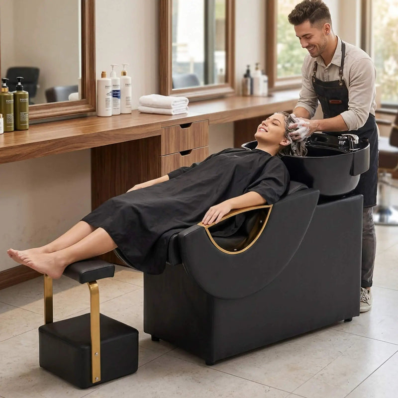 Commercial Black And Gold Shampoo Bowl Chair Set With Footrest (SAK43716) by SAKSBY WHOLESALE