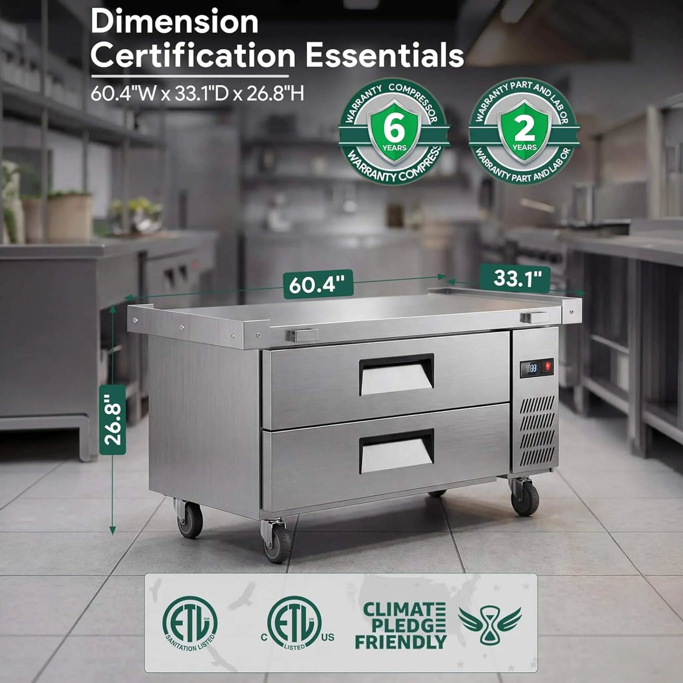 Commercial Double Drawer Undercounter Worktop Fridge With Chef Base & Wheels (SAK80596) by SAKSBY WHOLESALE