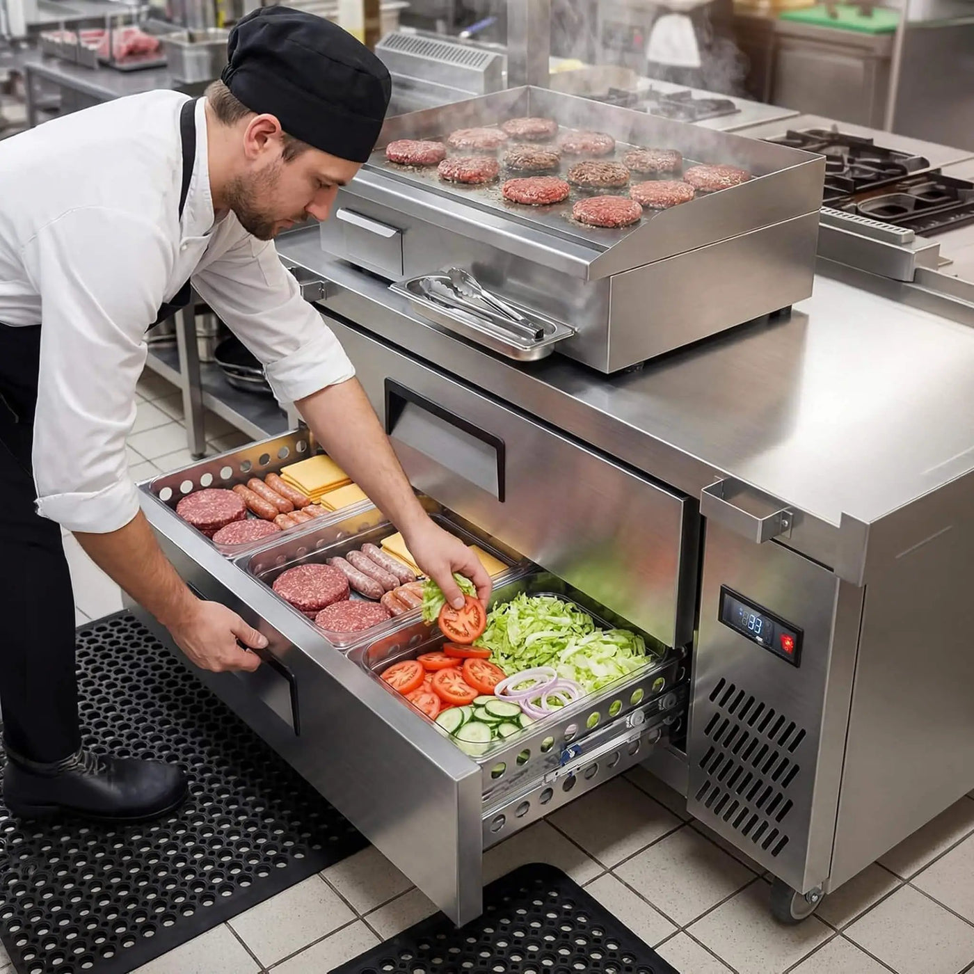 Commercial Double Drawer Undercounter Worktop Fridge With Chef Base & Wheels (SAK80596) by SAKSBY WHOLESALE