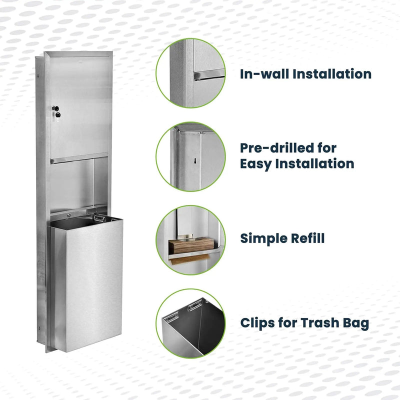 Commercial Recessed Paper Towel Dispenser With 12-Gallon Wall Trash Can (SAK49261) by SAKSBY WHOLESALE