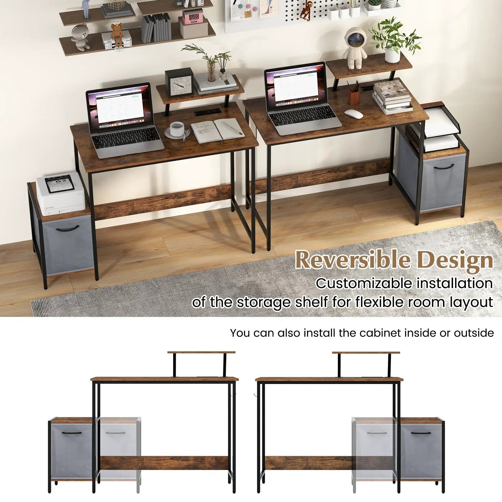 Computer Desk with Reversible Storage Drawer and Moveable Shelf-Brown by DirectDeals