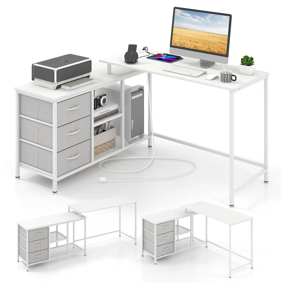 L-shaped Computer Desk with Power Outlet for Working Studying Gaming by DirectDeals