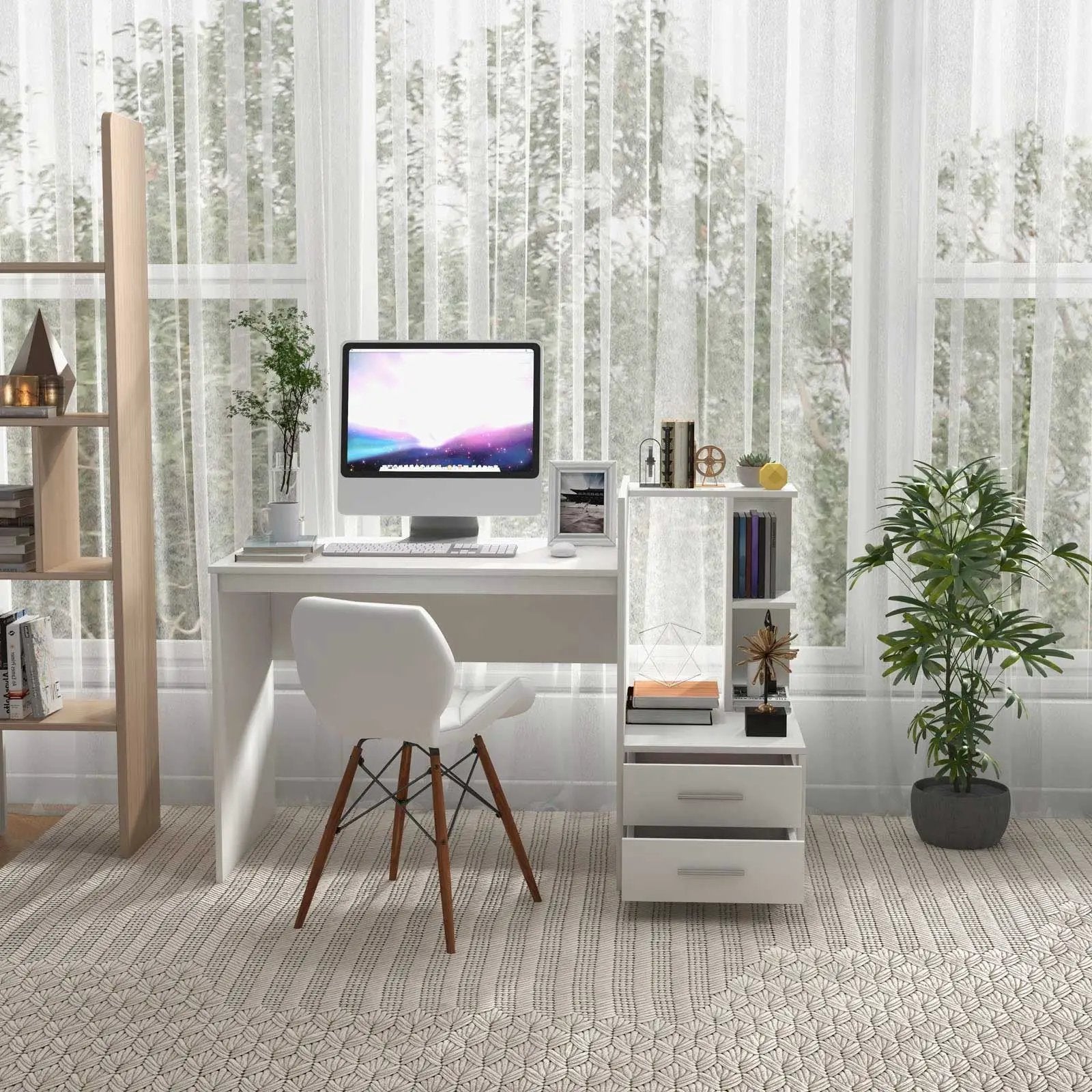 Computer Desk Home Office with Bookshelf and Drawers-White by DirectDeals