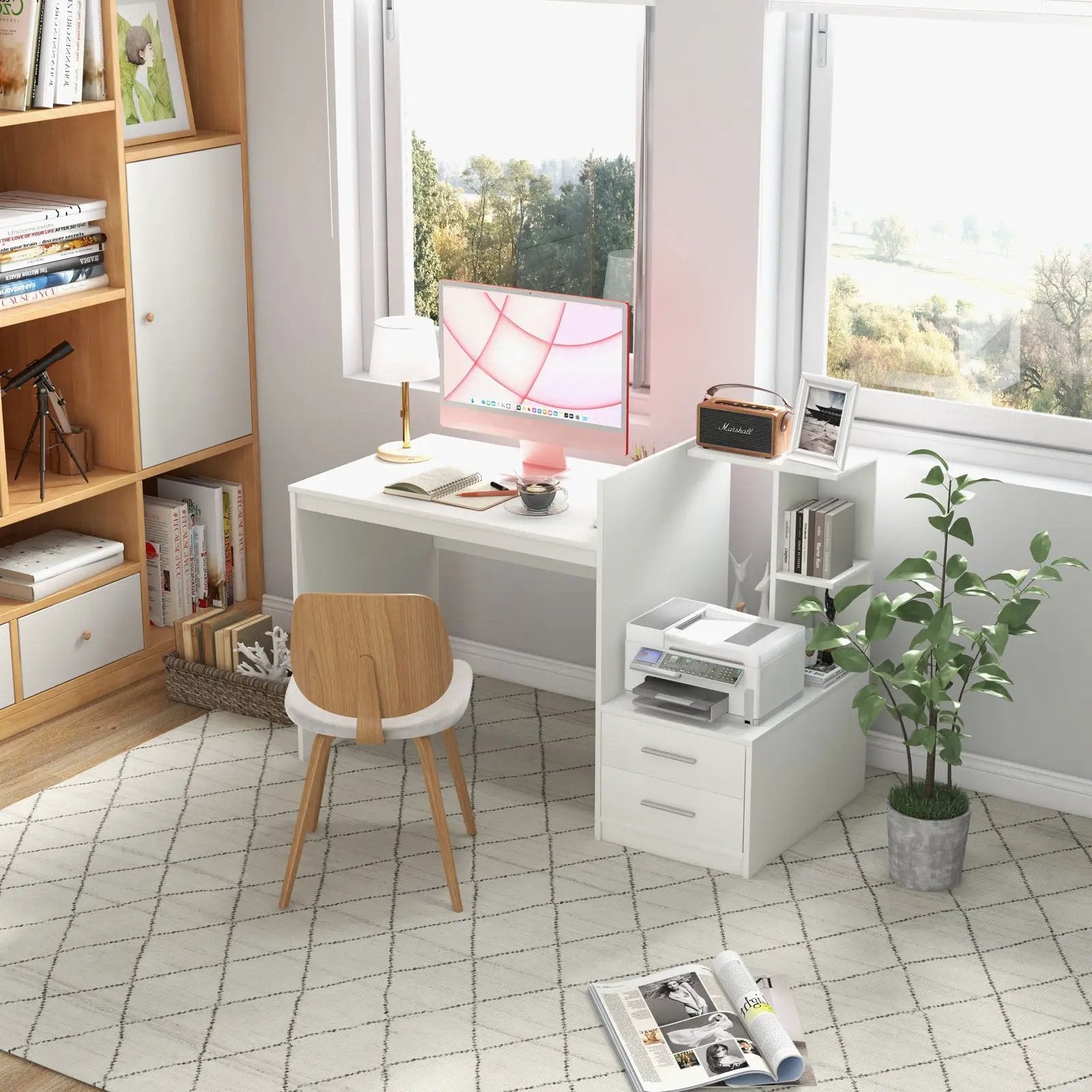 Computer Desk Home Office with Bookshelf and Drawers-White by DirectDeals