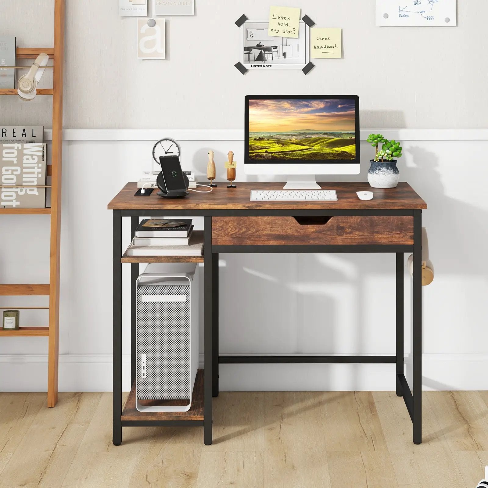 Computer Desk with Charging Station and Drawer & Adjustable Shelf-Rustic Brown by DirectDeals