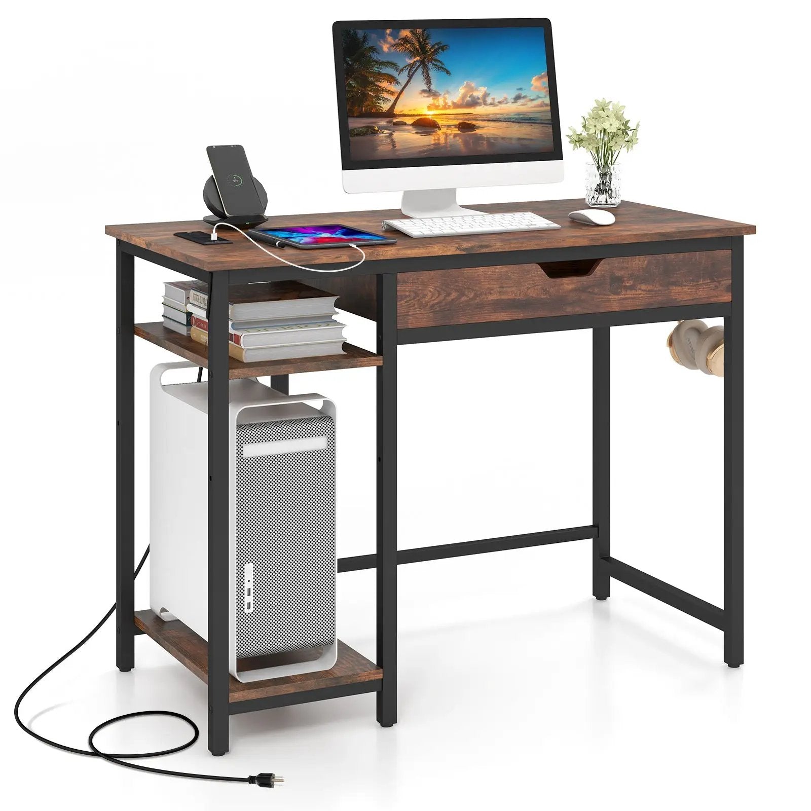 Computer Desk with Charging Station and Drawer & Adjustable Shelf-Rustic Brown by DirectDeals