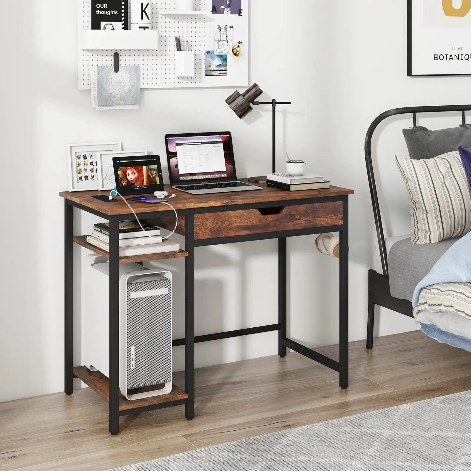 Computer Desk with Charging Station and Drawer & Adjustable Shelf-Rustic Brown by DirectDeals