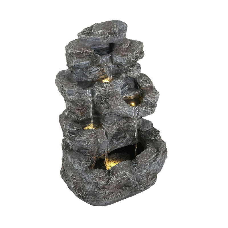 Concrete Rock Waterfall Fountain Outdoor with LED 5 Tier, angled view