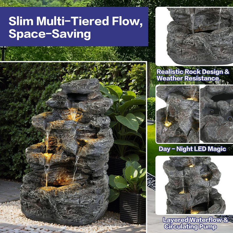Concrete Rock Waterfall Fountain Outdoor with LED 5 Tier, photo 2 of 5
