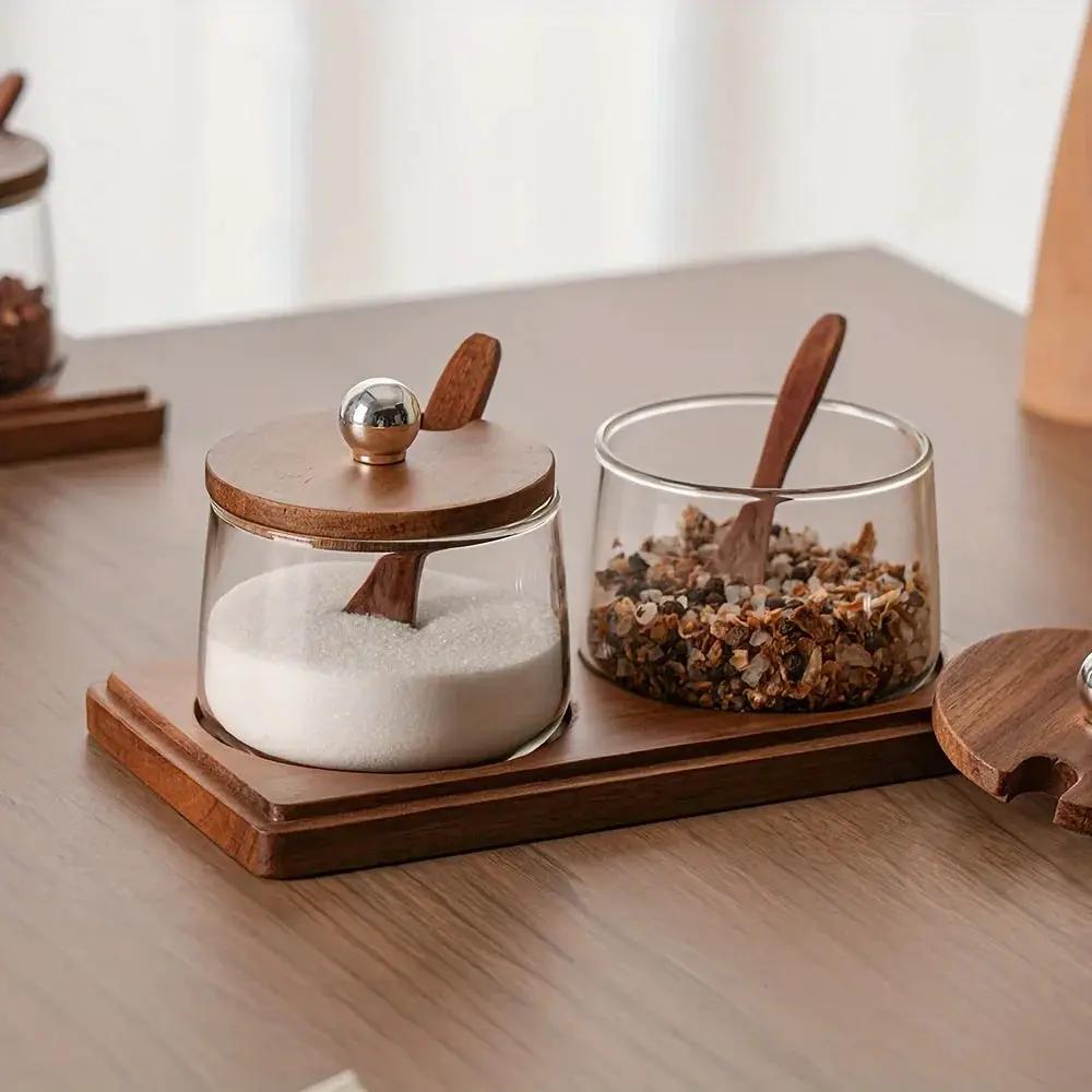 Condiment Set - Wooden Acacia 4-Jar by House Of Avana