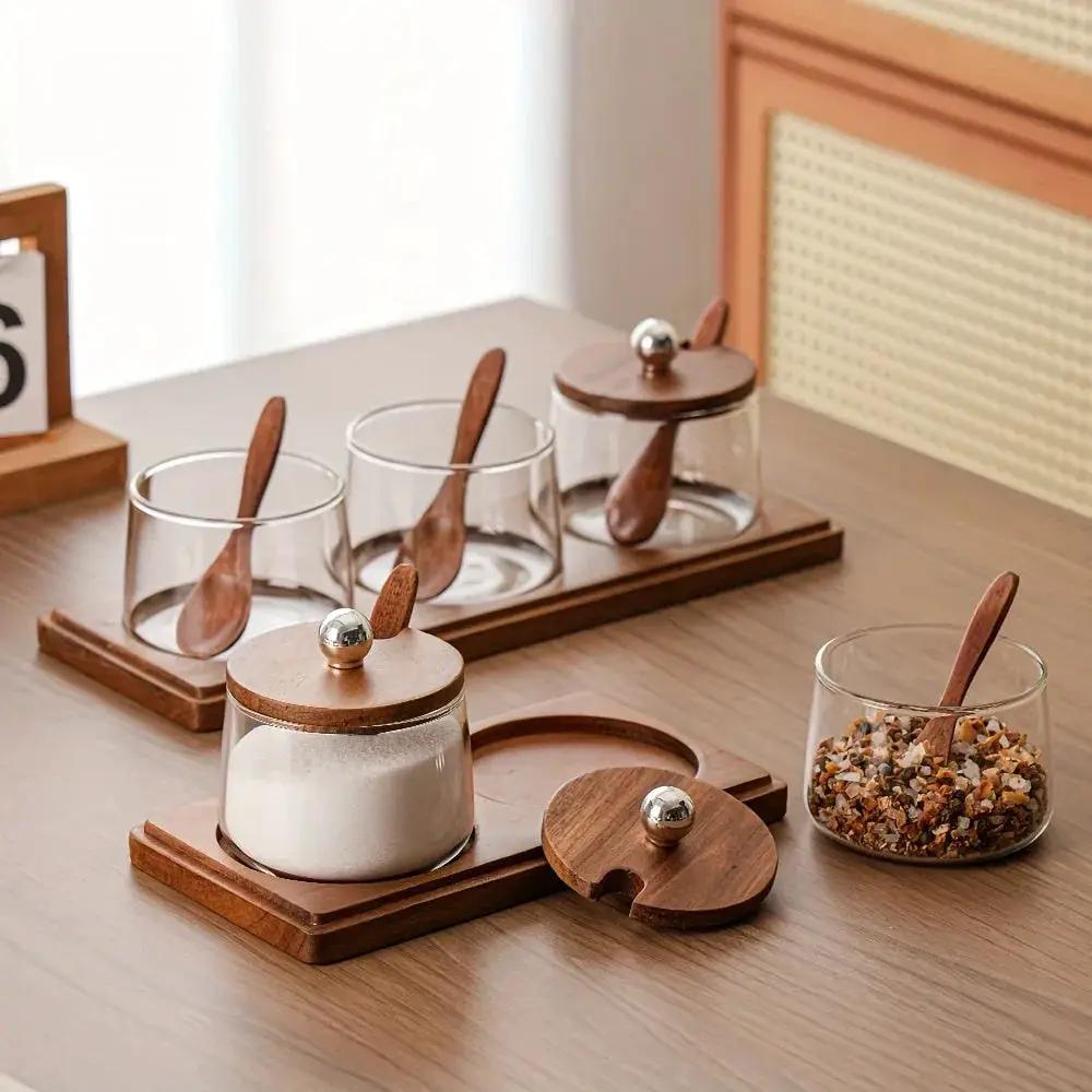 Condiment Set - Wooden Acacia 4-Jar by House Of Avana