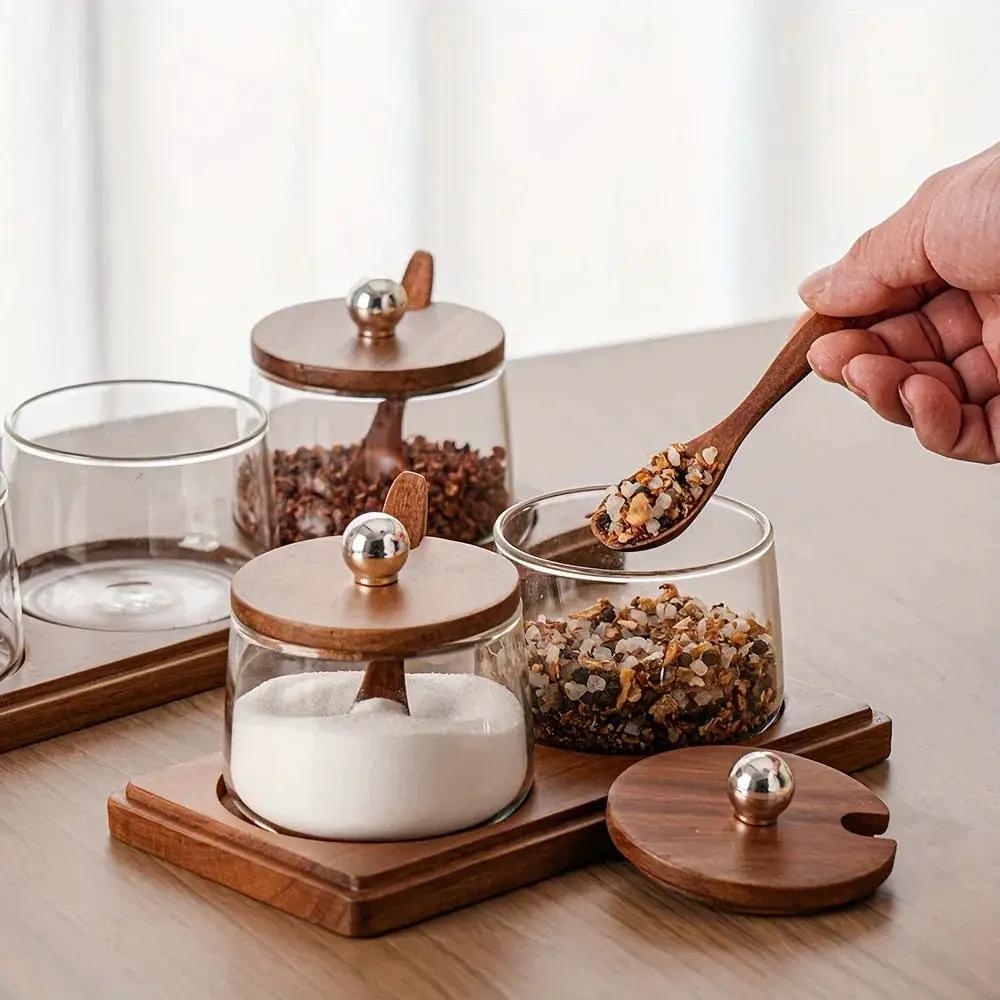 Condiment Set - Wooden Acacia 4-Jar by House Of Avana
