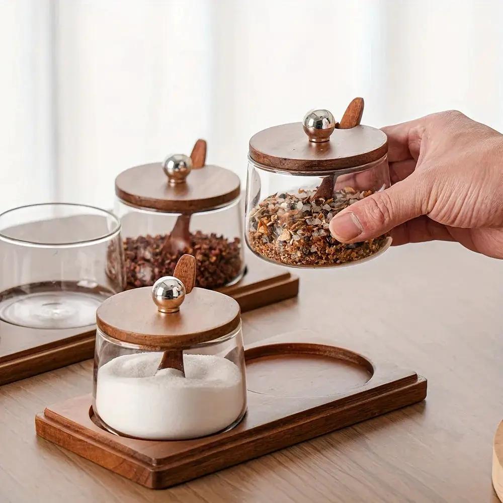 Condiment Set - Wooden Acacia 4-Jar by House Of Avana