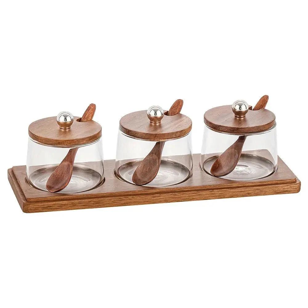 Condiment Set - Wooden Acacia 4-Jar by House Of Avana