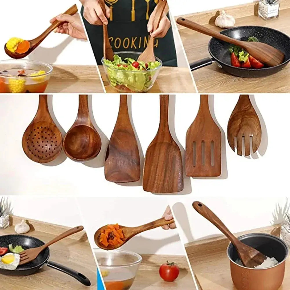 Cooking Spoons - Non-Stick Wooden Teak Set by House Of Avana