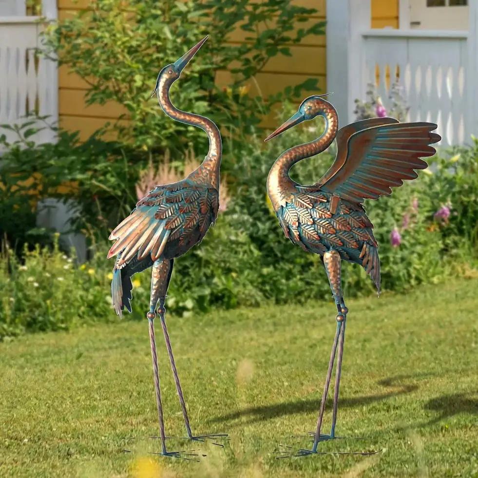 Copper Metal Crane Garden Statue Set by House Of Avana