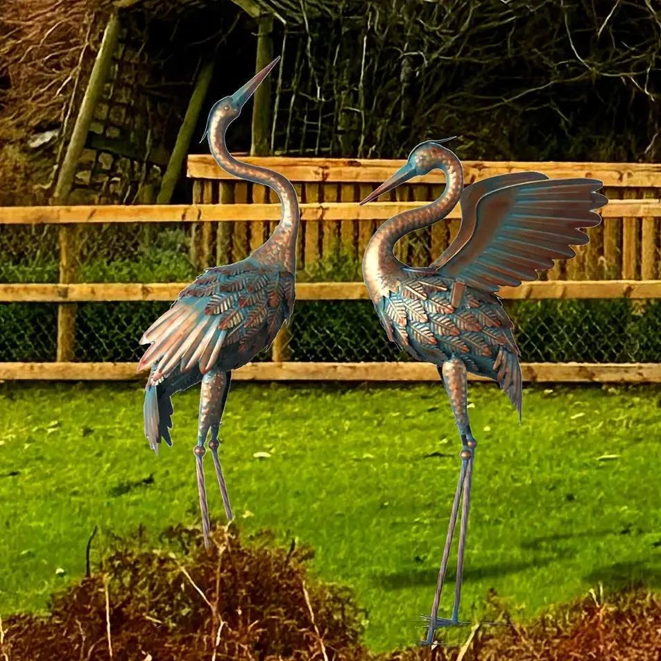 Copper Metal Crane Garden Statue Set by House Of Avana