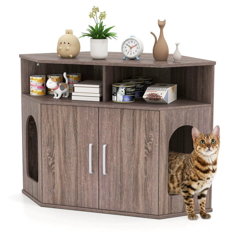 Corner Cat Litter Box Enclosure with Storage Shelves and Double Doors-Gray by DirectDeals