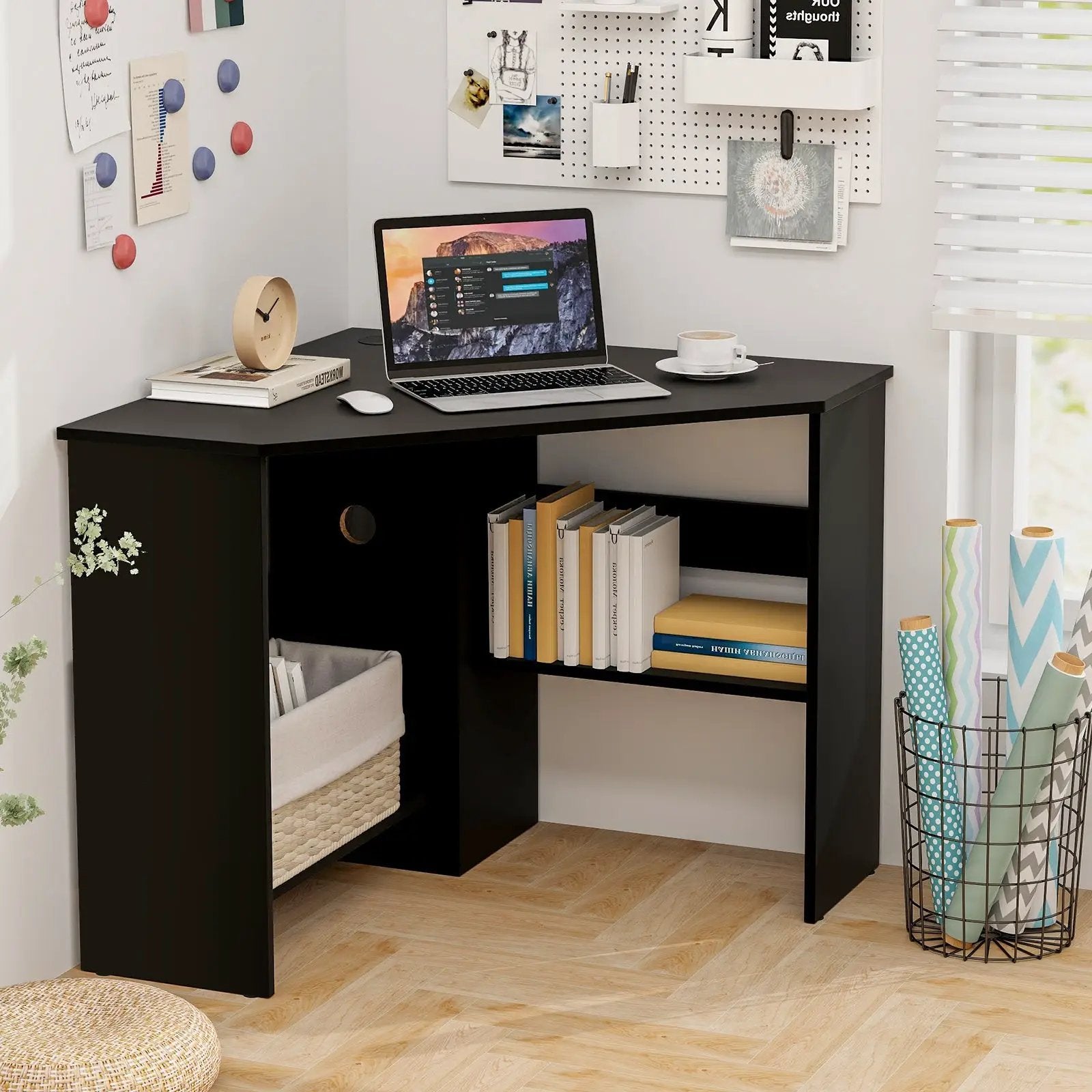 Corner Computer Desk with Storage Shelf - Triangle Design by DirectDeals